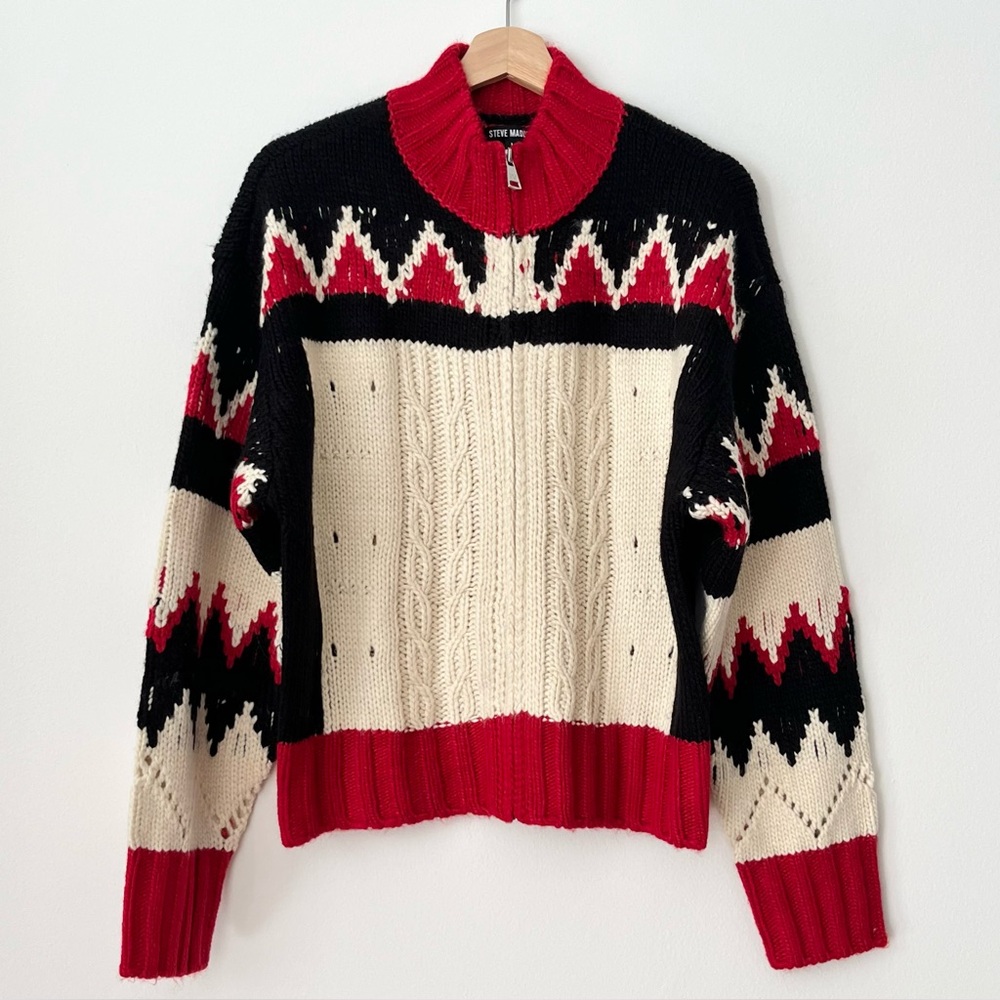 Steve Madden Women's Chunky Cable Knit Cardigan Sweater Red Ivory Black Size L